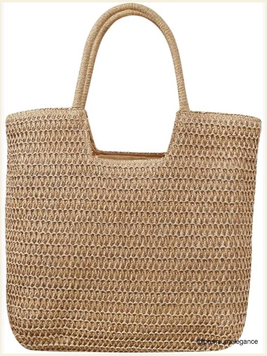 Handbags - Large Straw Tote Bag with Zipper - Woven Beach Shoulder Handbag for Travel